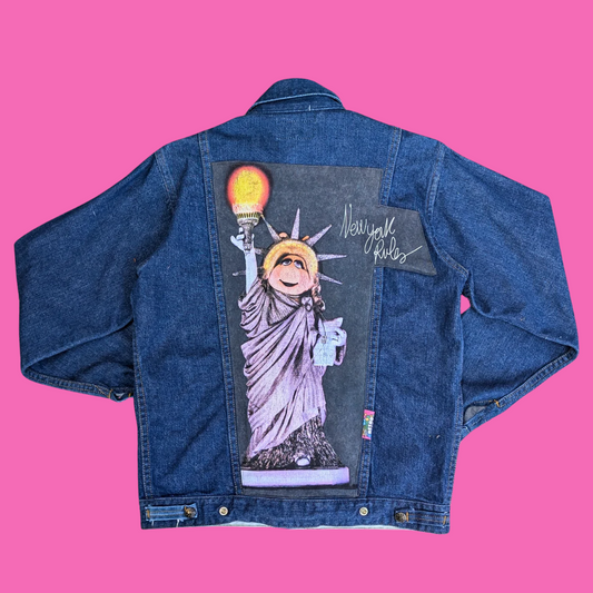 The Muppets, Miss Piggy Statue of Liberty Upcycled T-Shirt Denim Jacket Size M