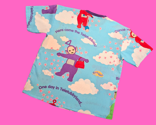 T-shirt drap de lit Teletubbies vintage des années 1990, fait main et recyclé, surdimensionné XL, ajusté 2XL