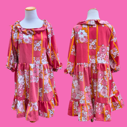 Handmade, Upcycled Vintage Warm Pink Floral Bed Sheet Dress Size M-L