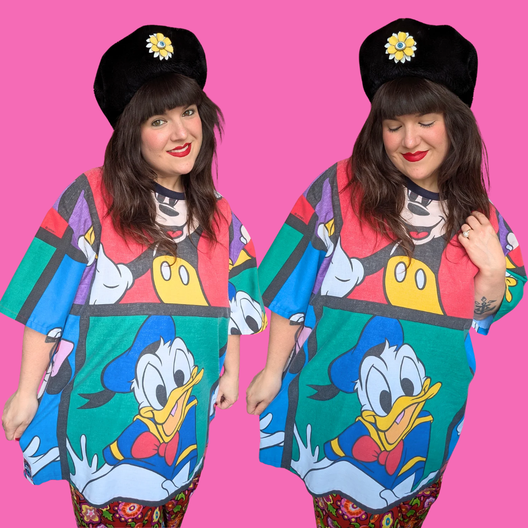 Handmade, Upcycled Walt Disney's Mickey and Friends Bedsheet T-Shirt Oversized XL, Fitted 2XL
