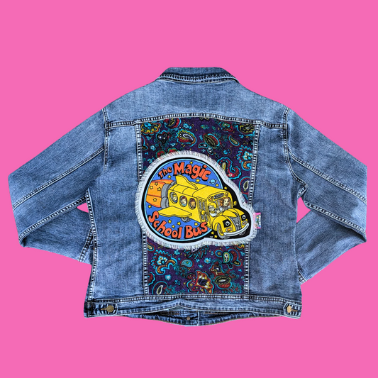 Magic School Bus Upcycled T-Shirt Denim Jacket Size 1XL for Women (Smaller Fit)