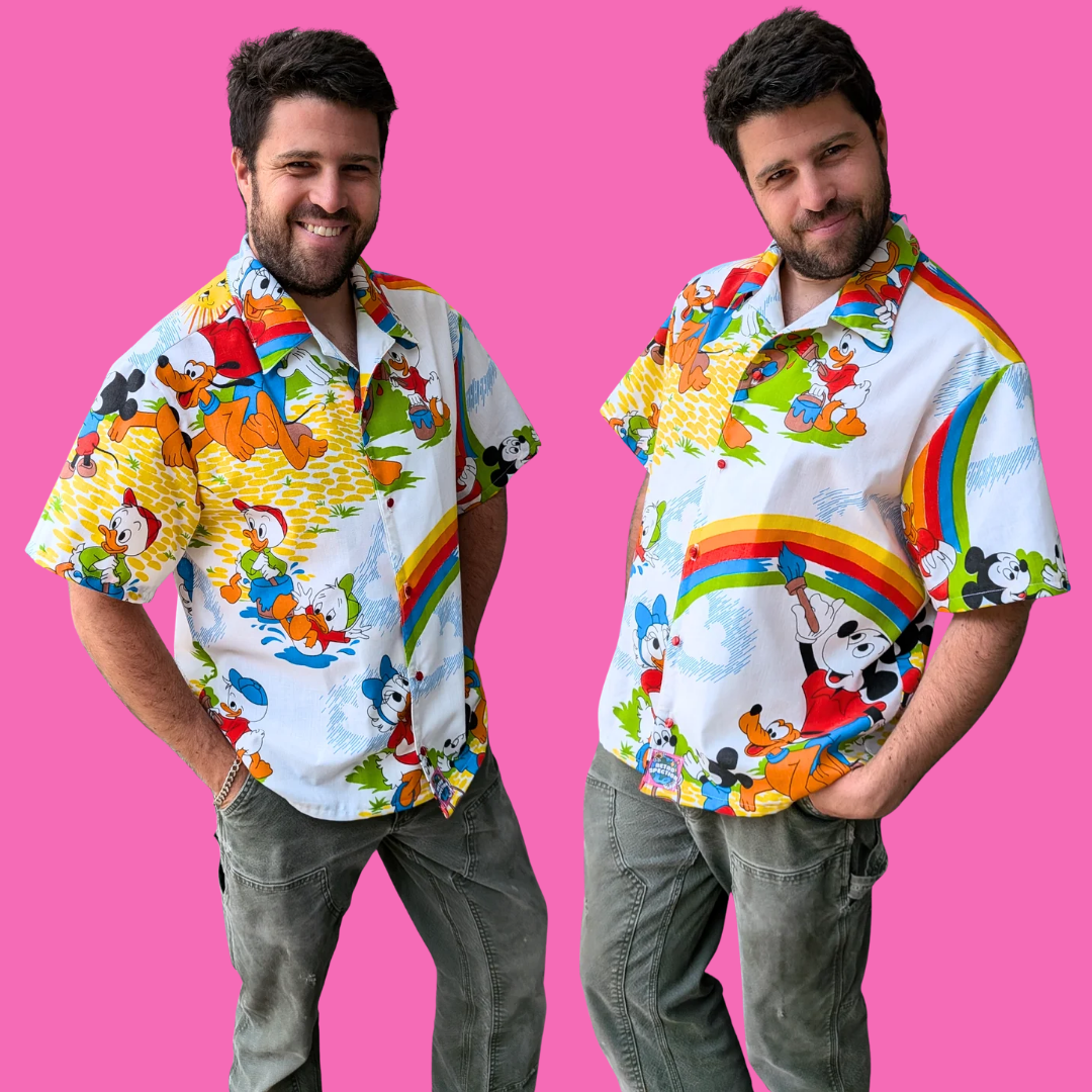 Handmade, Upcycled Walt Disney's Mickey and Friends Bedsheet Button Down Shirt Size L