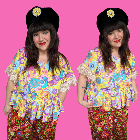 Chemisier en tissu fait main, recyclé, style groovy et psychédélique, taille XL