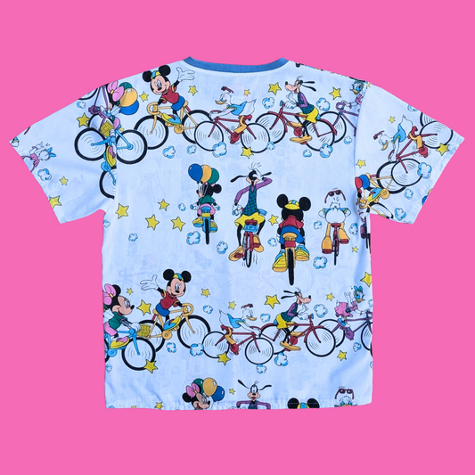 Handmade, Upcycled Walt Disney's Mickey and Friends on Bikes Bedsheet T-Shirt Oversized S-M, Fitted L-XL