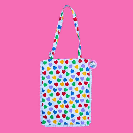 Handmade, Upcycled Colourful Hearts Patterned Fabric Tote Bag
