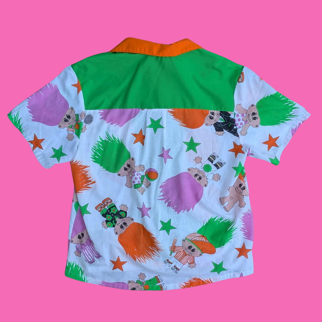 Handmade, Upcycled Trolls Bedsheet Button Down Shirt Size M