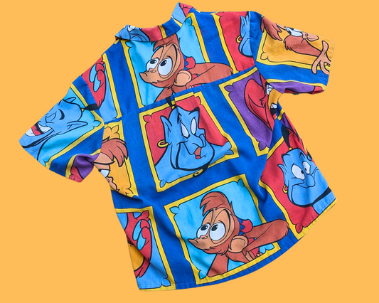 Chemise boutonnée à manches courtes en drap de lit vintage Aladdin fait main et recyclé L
