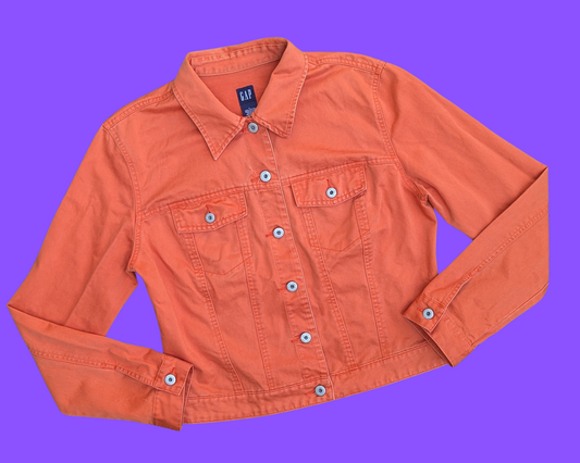 Veste en jean orange David Bowie recyclée et faite à la main, taille L