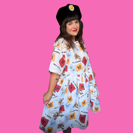 Handmade, Upcycled Disney's Mickey at the Rodeo Bedsheet Dress Fits an Oversized XL or Fitted 2XL