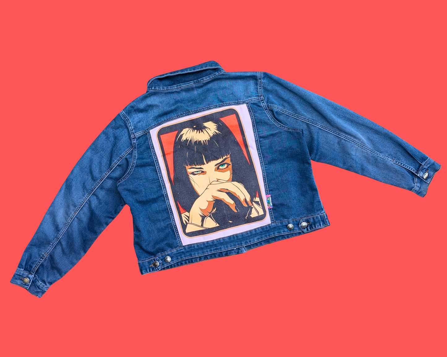 Handmade, Upcycled Pulp Fiction, Mia Wallace Denim Jacket Size L-XL