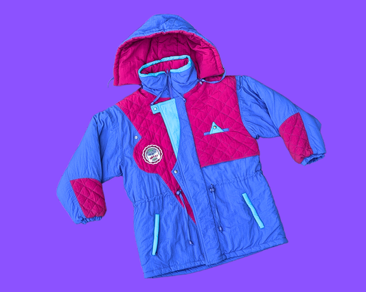 Veste d'hiver à capuche Klik Kids vintage des années 1990, funky, color block, taille 14