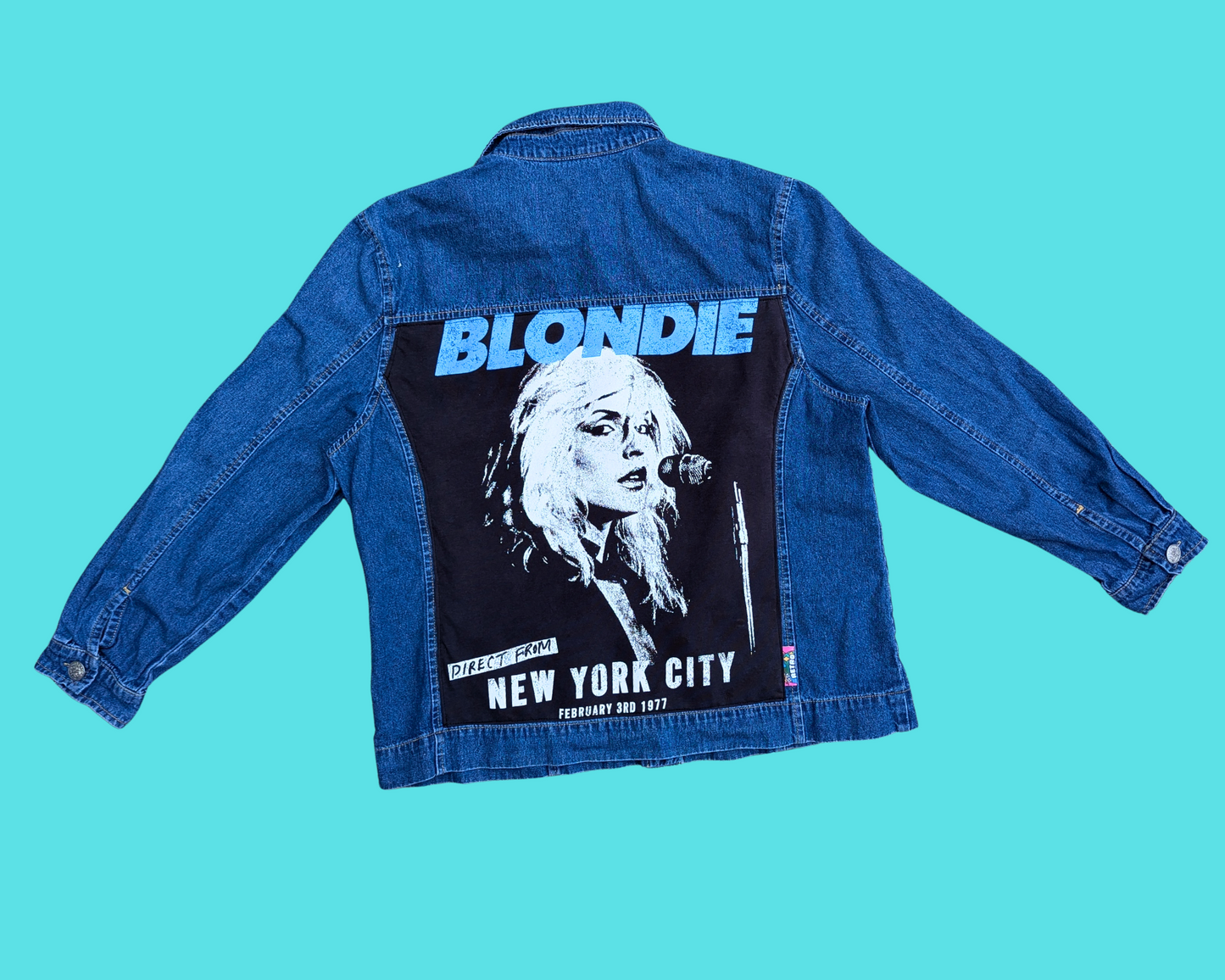 Handmade, Upcycled Blondie, Debbie Harry Denim Jacket Size L-XL