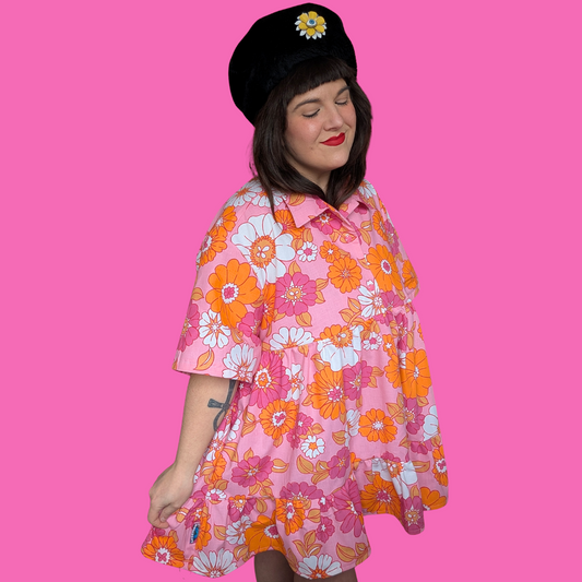 Handmade, Upcycled Vintage Pink and Orange Floral Bed Sheet Button Down Shirt Baby Doll Dress Size XL-2XL