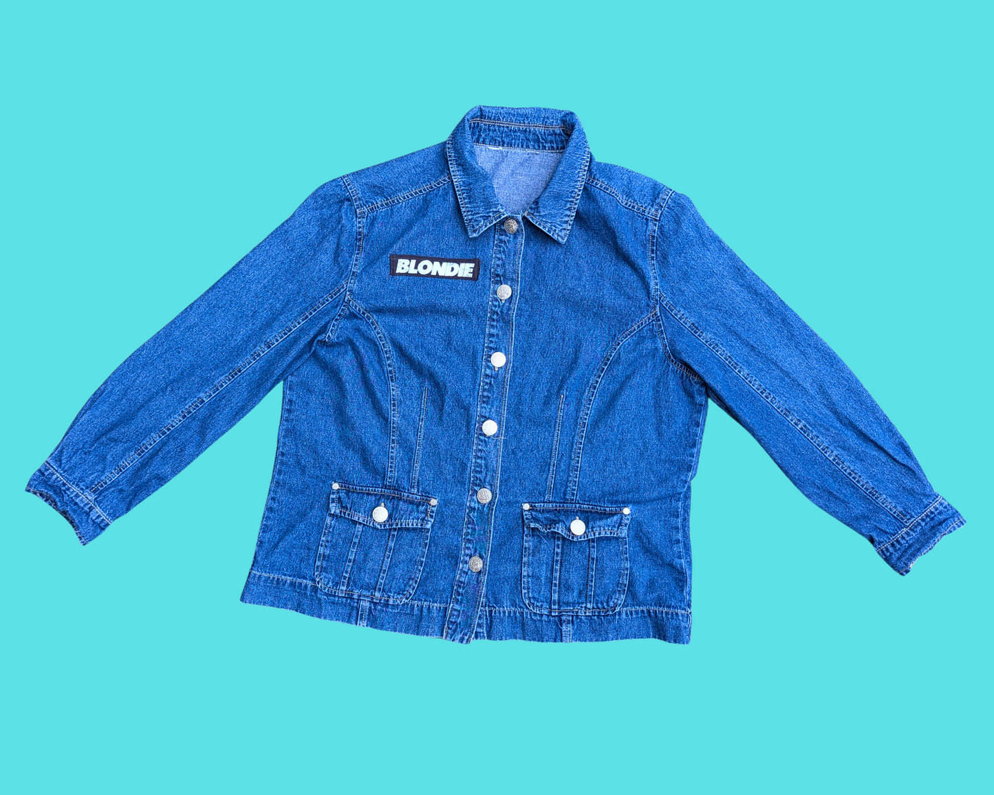 Handmade, Upcycled Blondie, Debbie Harry Denim Jacket Size L-XL