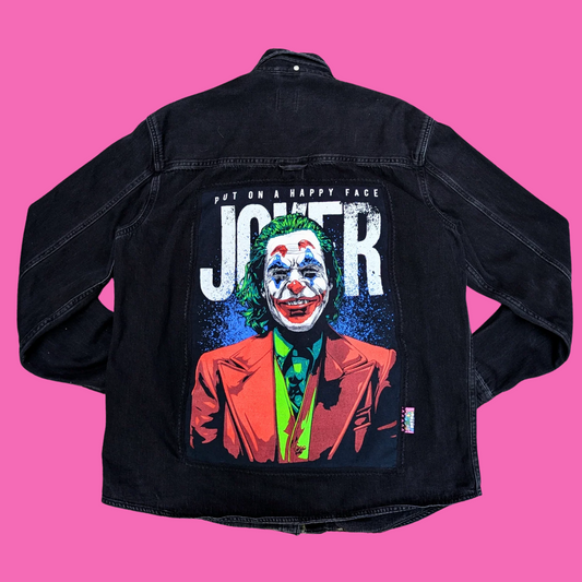 Joker "Put On A Happy Face" Upcycled T-Shirt Denim Jacket/Button Down Shirt Size XL for Men