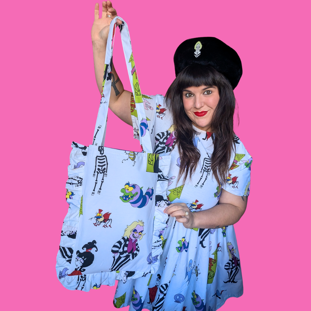 Handmade, Upcycled Beetlejuice Bedsheet Tote Bag