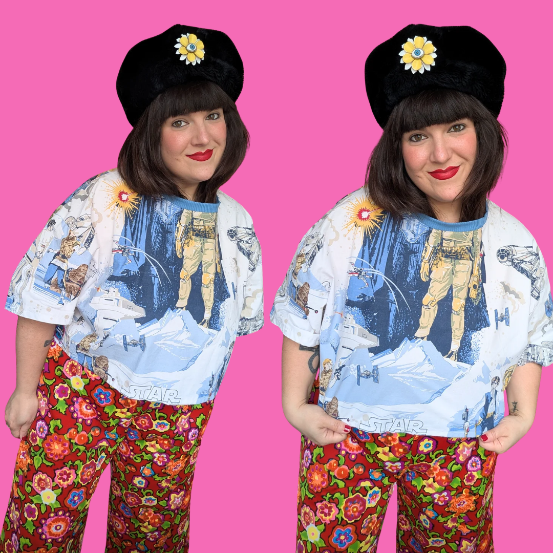 Haut court fait main à partir de drap Star Wars recyclé, taille XL ample, taille 2XL ajustée