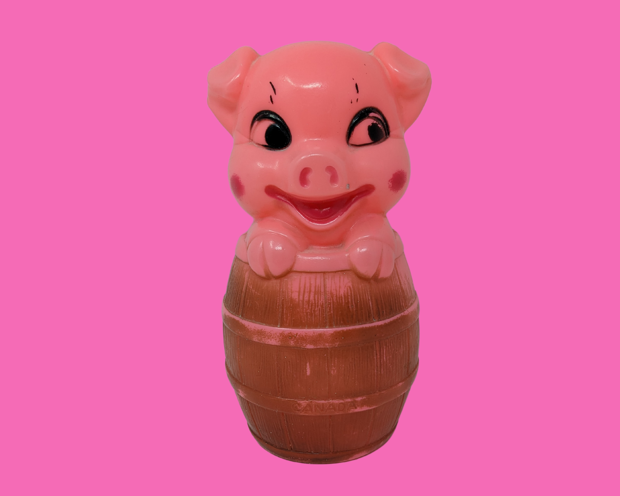 Vintage 1960 s Plastic Piggy Bank Pig in a Barrel