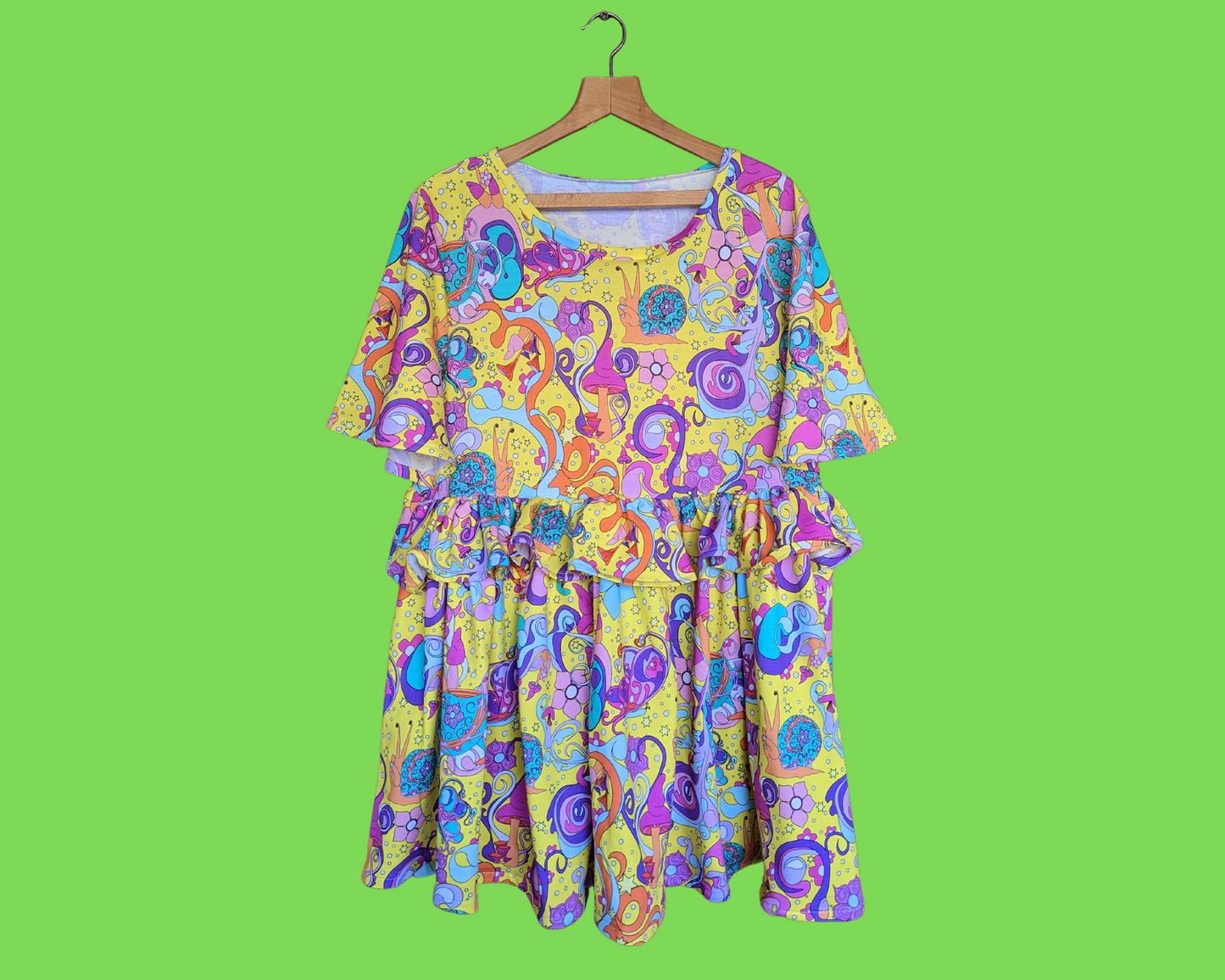 Handmade, Upcycled Vintage Inspired Psychedelic, Mushrooms and Snails Print Dress Size XL