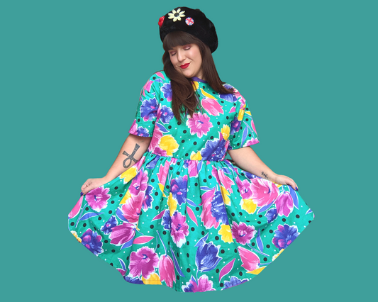 Handmade, Upcycled Vintage 1980's Floral Fabric T-Shirt Dress Fits S-M-L-XL