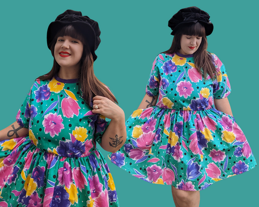 Handmade, Upcycled Vintage 1980's Floral Fabric T-Shirt Dress Fits S-M-L-XL