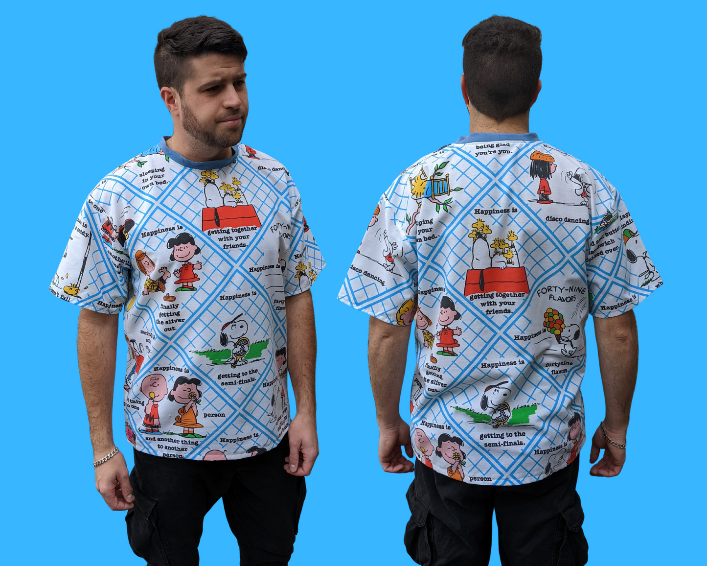 Handmade, Upcycled Charlie Brown Bedsheet T-Shirt Oversized XS - Fits Like A Size M