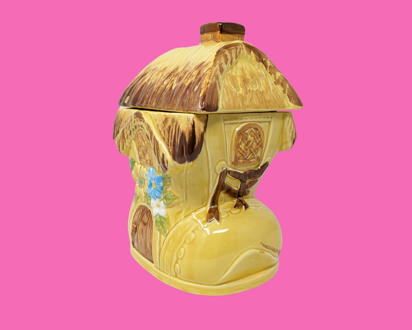 Pot à biscuits vintage des années 1980, en forme de botte comme une maison fabriquée au Japon