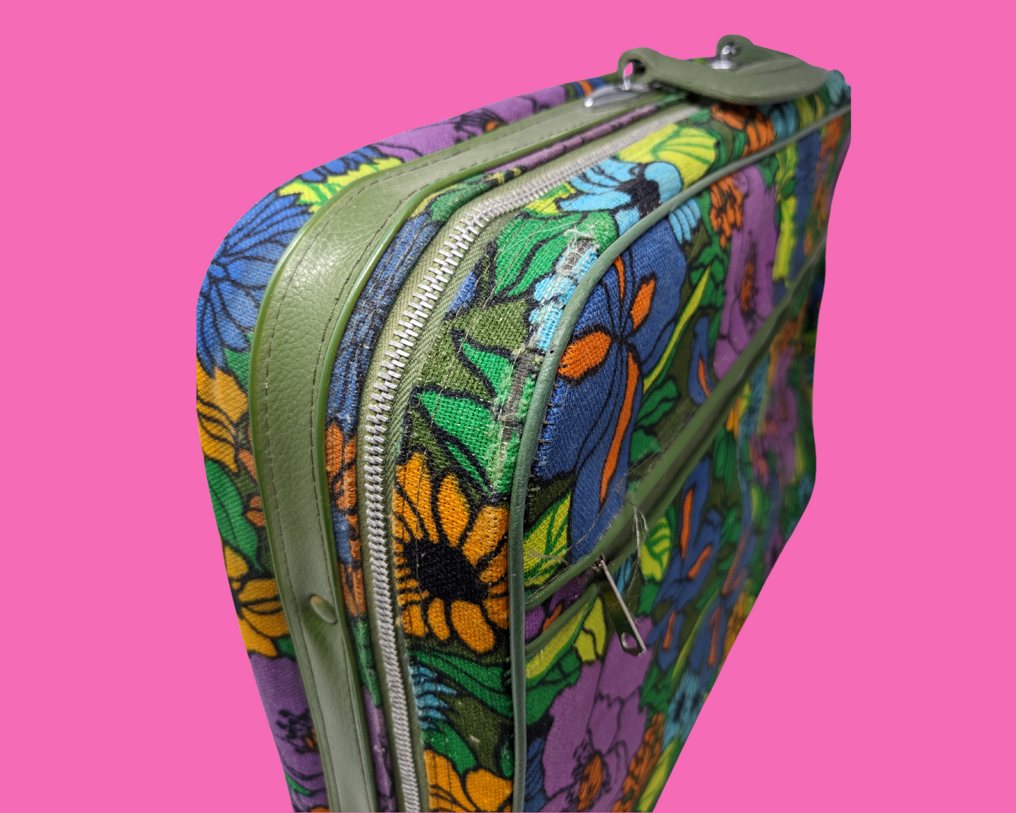Vintage 1960's Blue, Yellow, Green and Purple Floral Groovy Small Suitcase