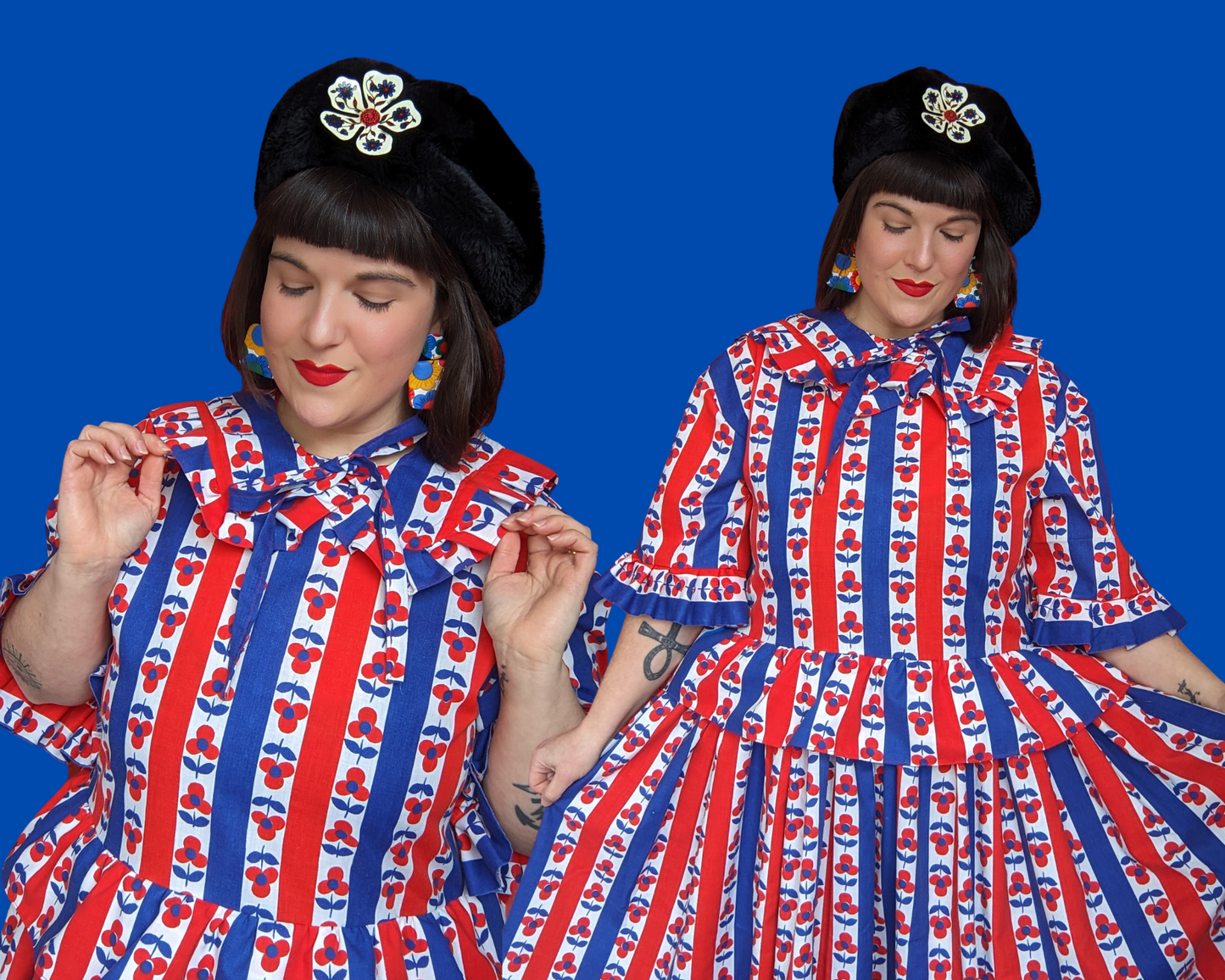 Handmade, Upcycled Vintage 1960's Blue and Red Floral Bedsheet Dress with Matching Detachable Collar Size S-M-L-XL