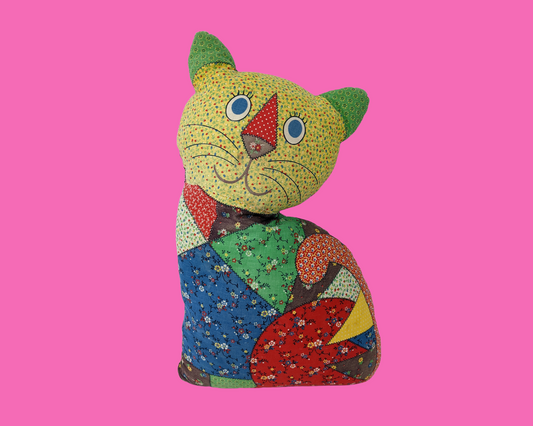Coussin décoratif chat patchwork en peluche vintage des années 1970