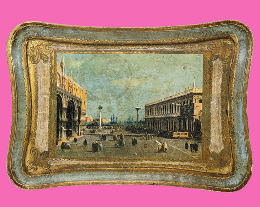 Ancien Fin XVIIIe Siècle Vue De La Place Saint-Marc En Bois, Plateau Florentin Décoratif De Rome Italie