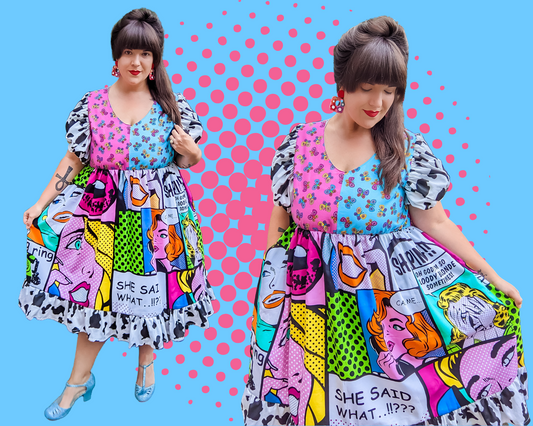 Handmade, Upcycled Vintage Pop Art Fabric and Pink/Blue Butterflies Dress, Cow Print Puffy Sleeves and Ruffled Trim Size L/XL