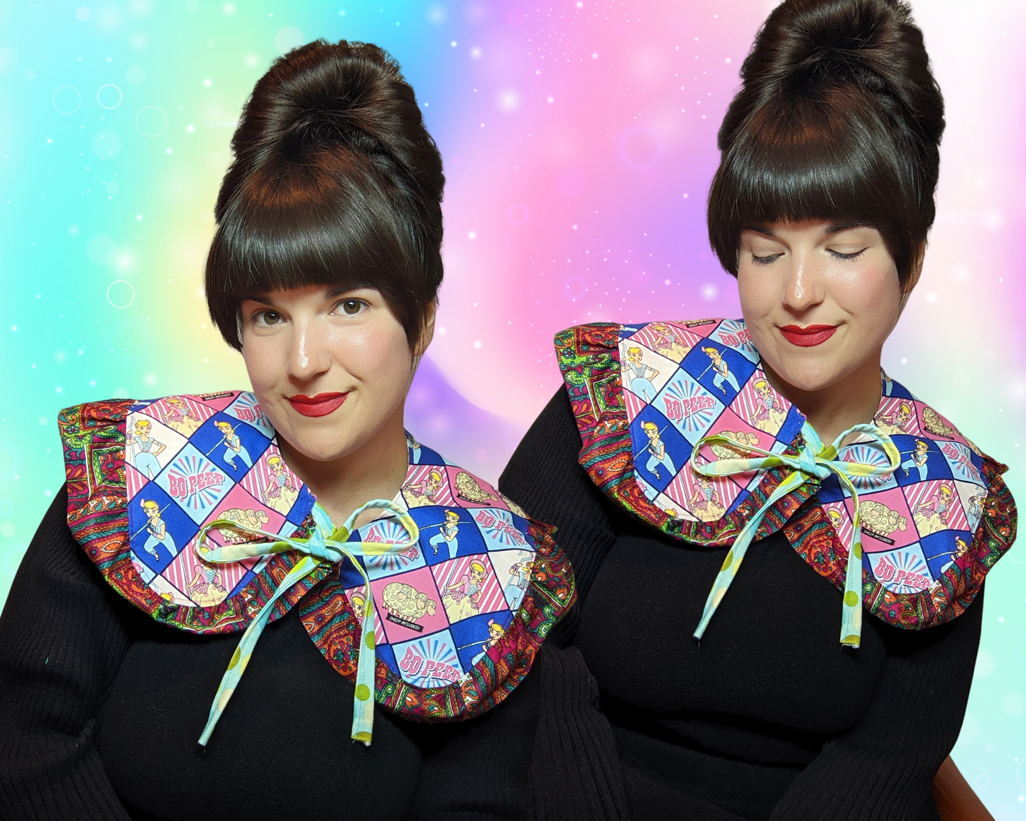 Fait à la main, recyclé, col claudine réversible avec volant fabriqué avec un tissu Bo Peep Toy Story et un tissu vintage