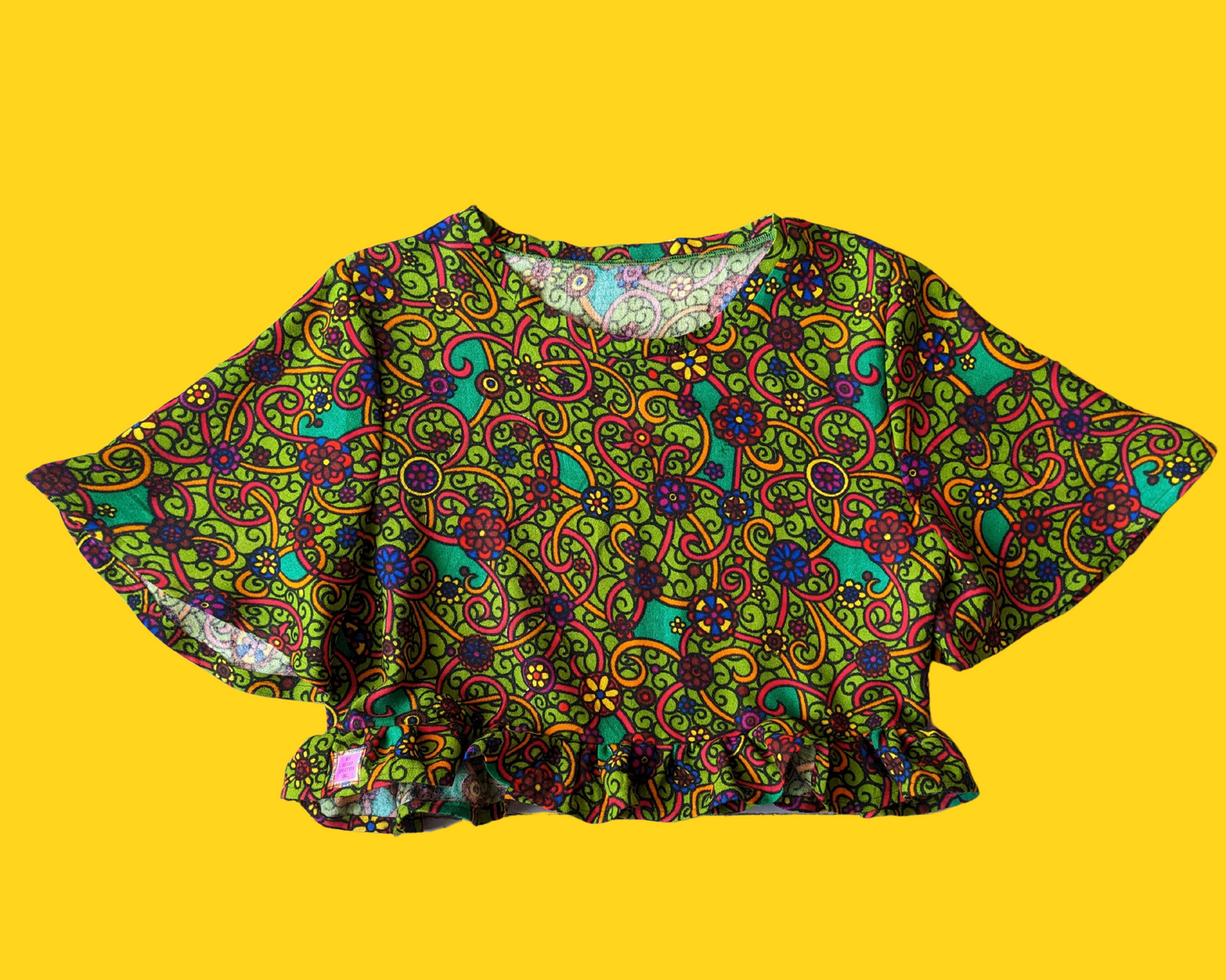 Handmade, Upcycled Vintage 1960's Green Mod, Groovy Blouse Size M