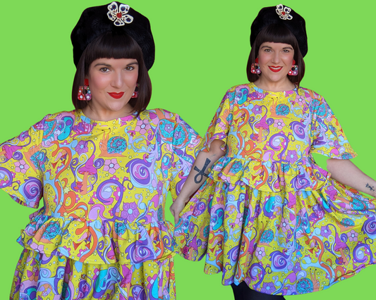 Handmade, Upcycled Vintage Inspired Psychedelic, Mushrooms and Snails Print Dress Size XL