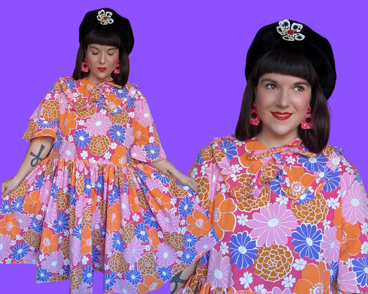 Handmade, Upcycled Vintage 1960's Pink, Purple and Orange Floral Bedsheet Dress with Matching Detachable Collar Size 3XL