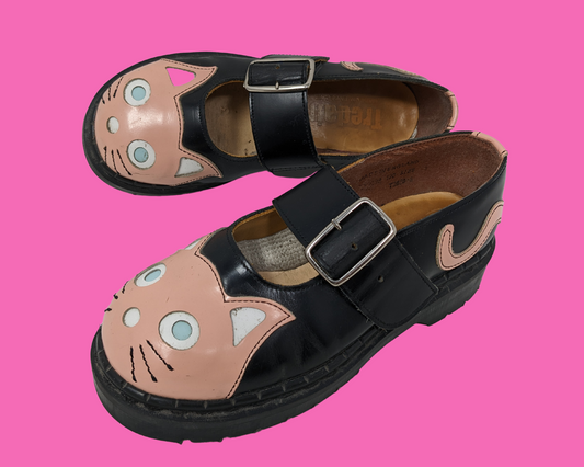 Vintage 1990's Tredair England Pink and Black Leather Kitties Shoes Size US 6.5