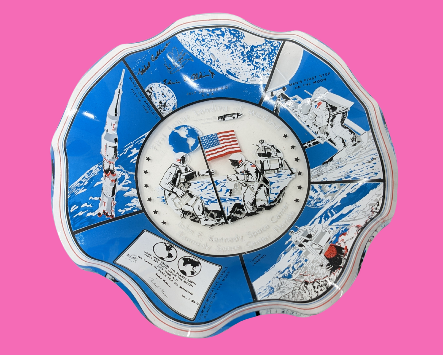 Vintage 1960's John F Kennedy Space Center First Lunar Landing of Mankind Souvenir Tray Dish