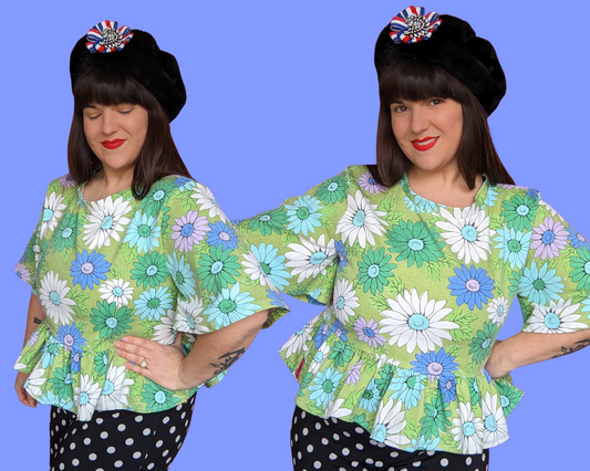 Handmade, Upcycled Vintage 1960's Blue and Green Floral Mod, Groovy Blouse Size L