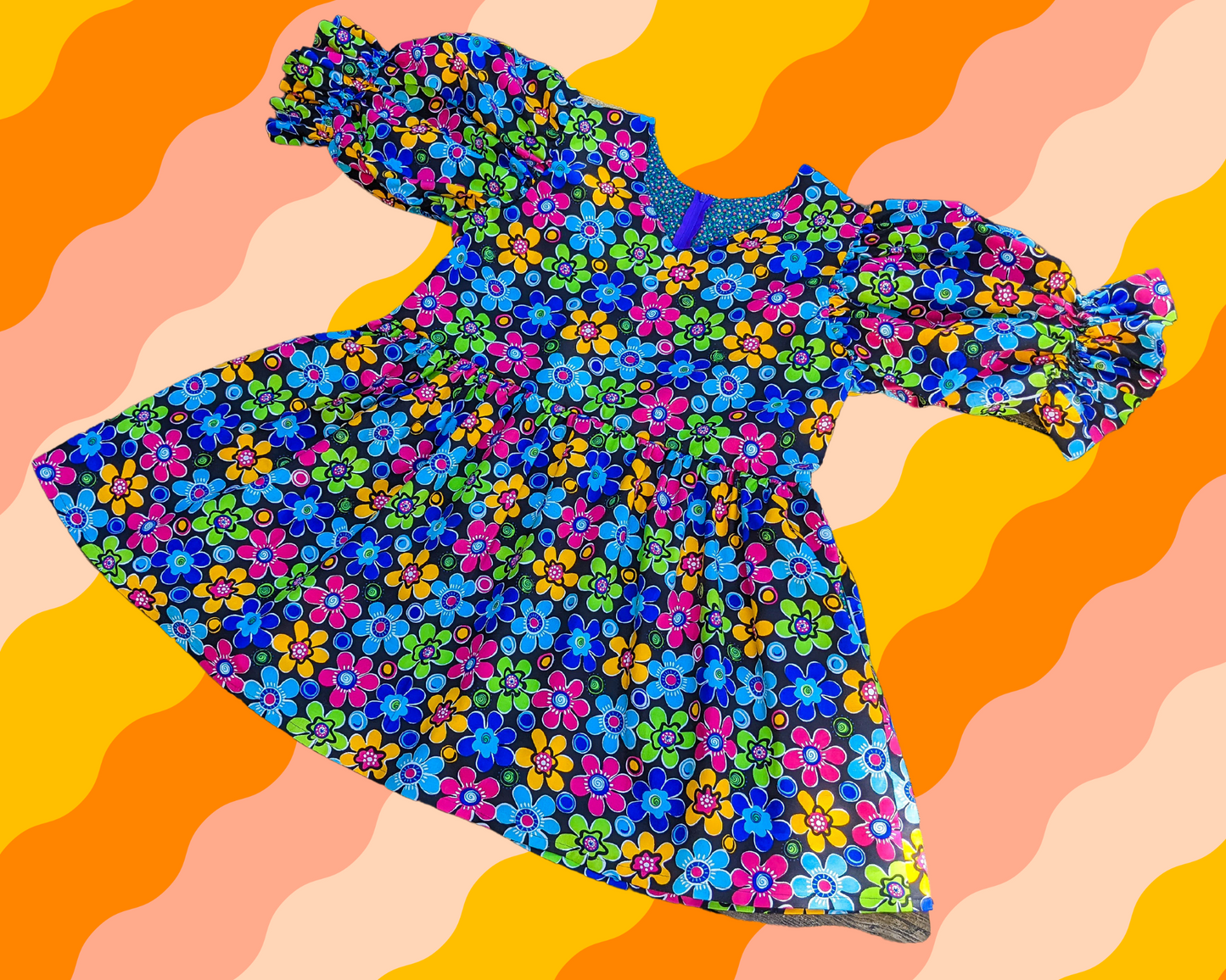 Handmade, Upcycled Vintage 1990's Colourful Flower Power, Groovy Patterned Fabric Dress with Mid-Length Puffy Sleeves, Size L/XL