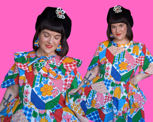 Handmade, Upcycled Vintage 1960's Colorful, Patchwork and Dolls Print Curtain Dress with Matching Detachable Collar Size XL