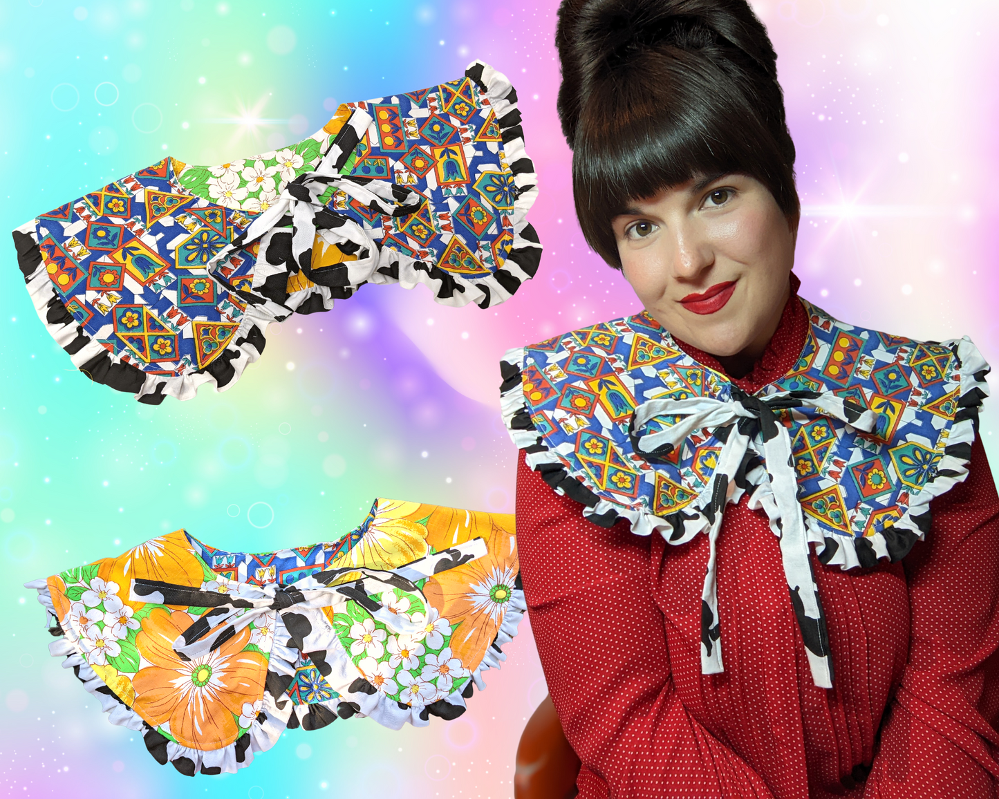 Col claudine réversible fait à la main, recyclé, avec volant, fabriqué avec deux tissus vintage.