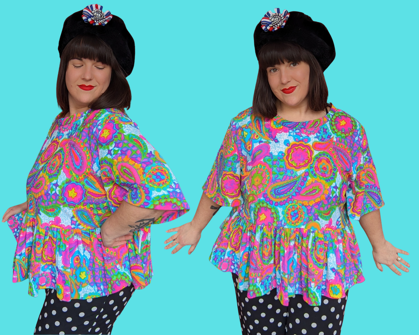Handmade, Upcycled Vintage 1960's Inspired Rainbow, Psychedelic Polyester Blouse Size 2XL