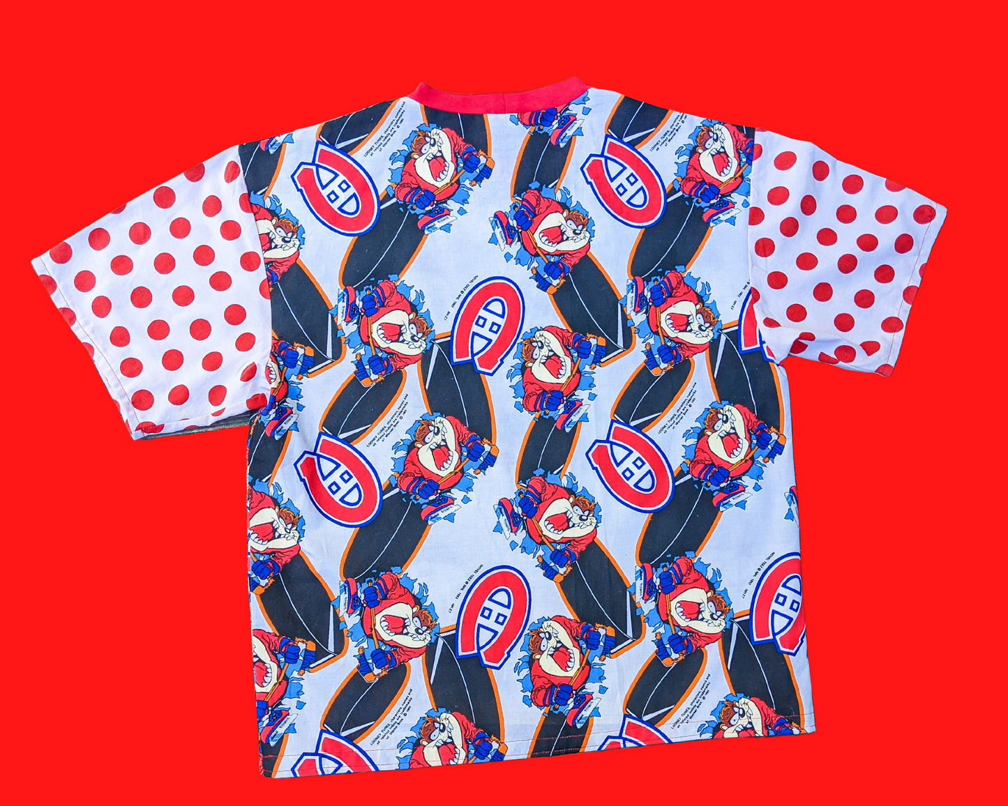 Handmade, Upcycled Taz and the Montreal Canadians Vintage 1990's Fabric + White and Red Polka Dot Fabric T-Shirt Oversized XS - Fits Like A Size M