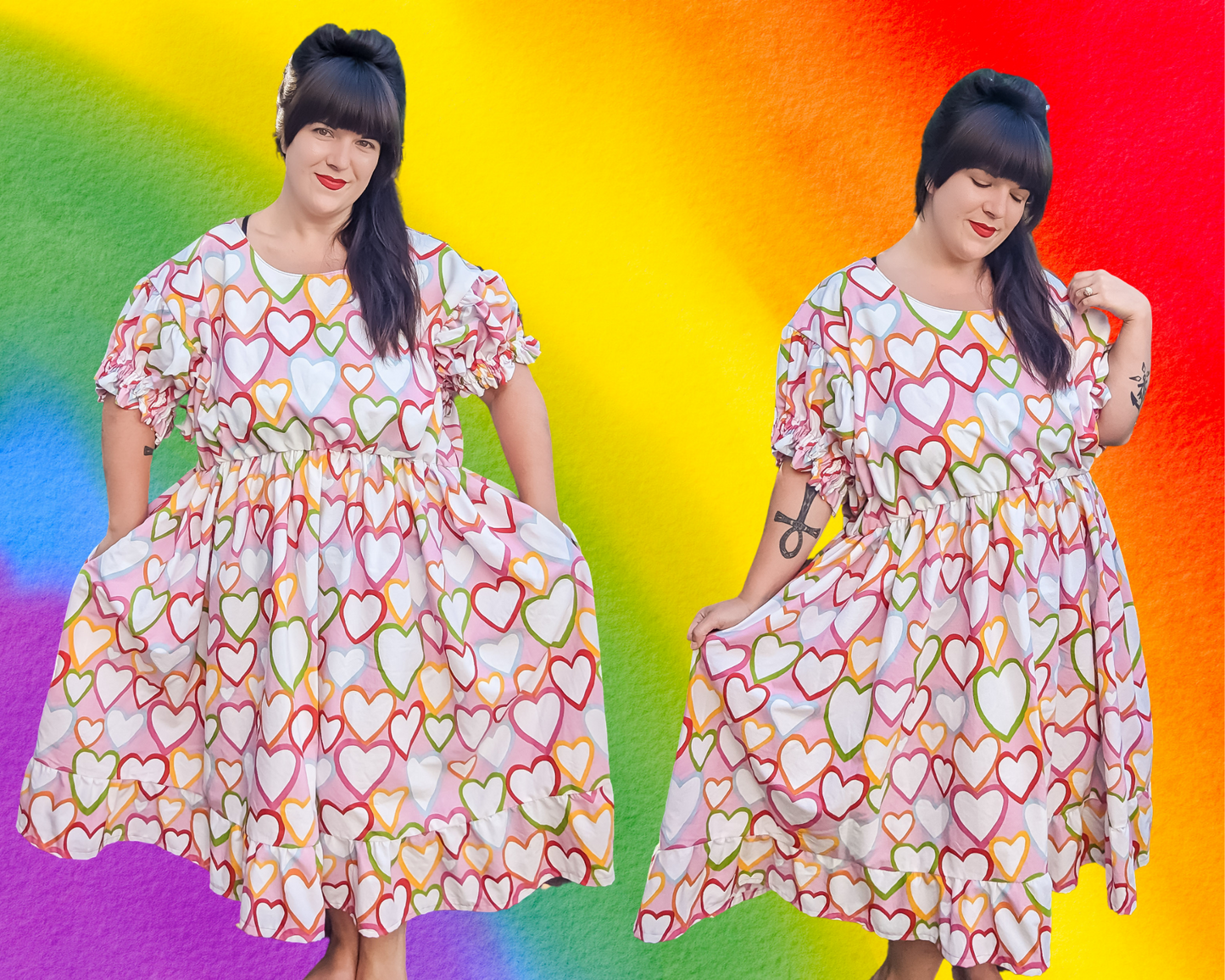 Draps faits à la main, Upcycled Rainbow Hearts Patterned, Short Puffy Sleeves, Pride LGBTQ+ Fashion, Taille 2XL