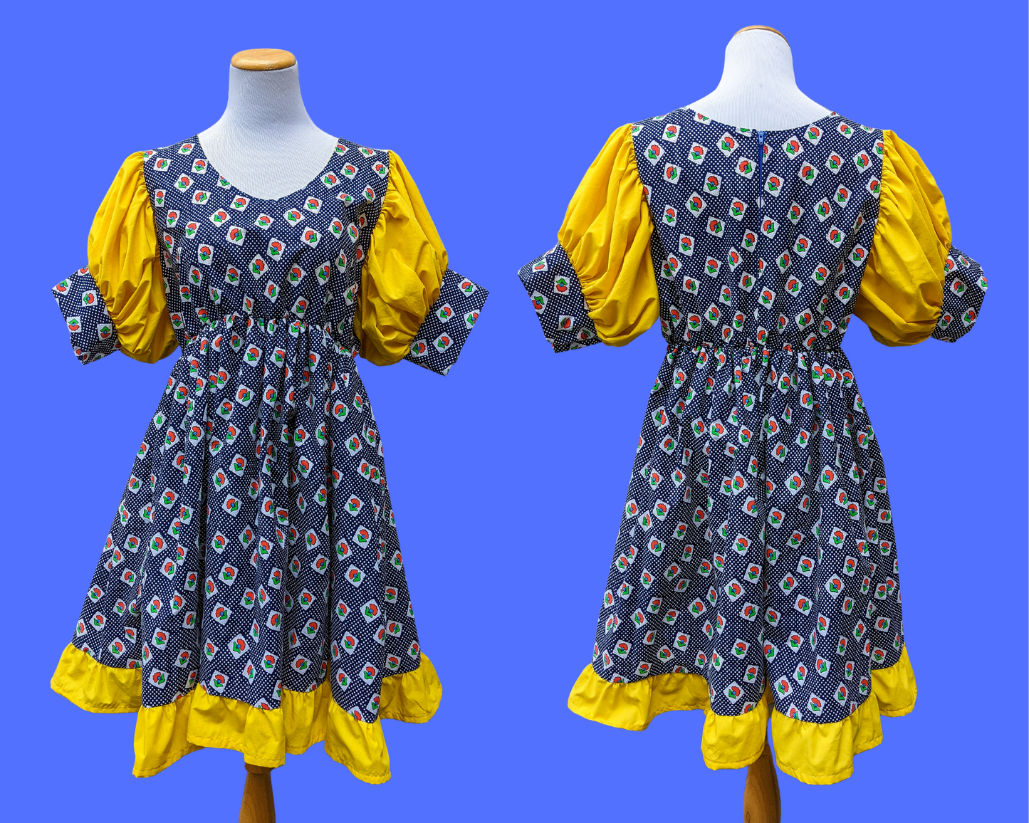 Handmade, Upcycled Floral Patterned Fabric Dress, Yellow Short Puffy Sleeves, Size L/XL
