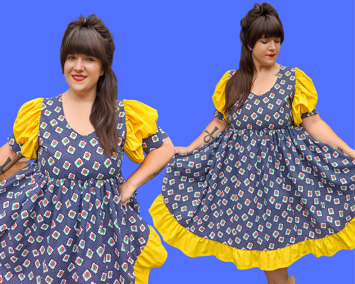 Handmade, Upcycled Floral Patterned Fabric Dress, Yellow Short Puffy Sleeves, Size L/XL