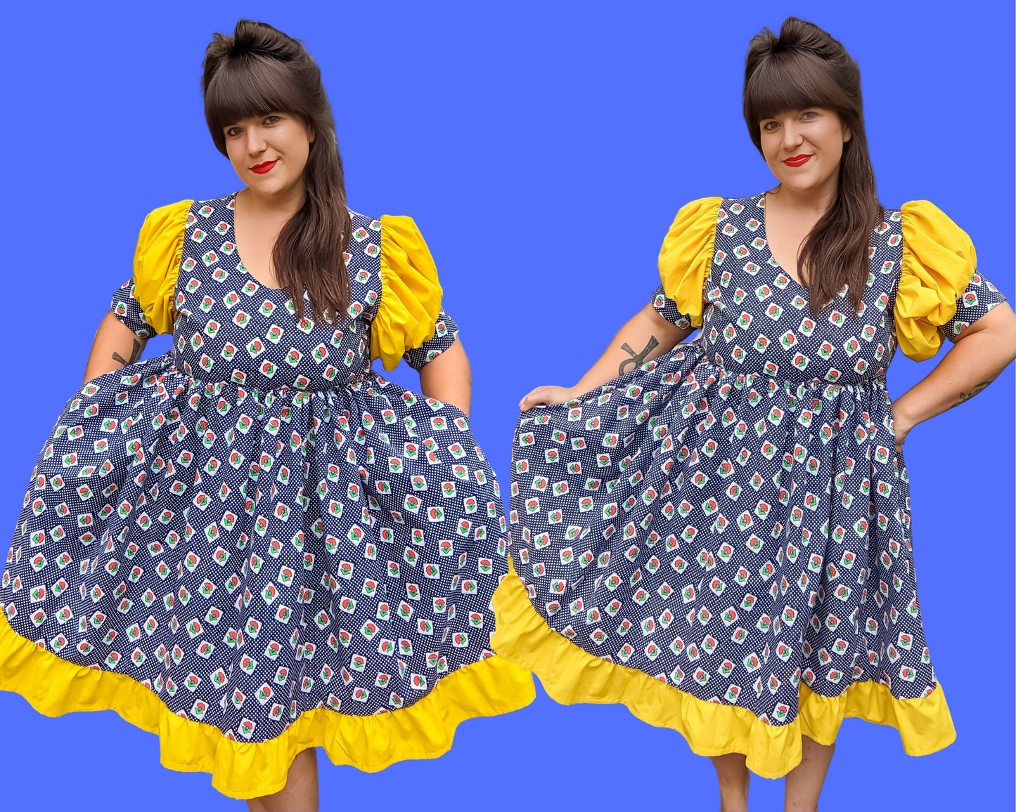 Handmade, Upcycled Floral Patterned Fabric Dress, Yellow Short Puffy Sleeves, Size L/XL