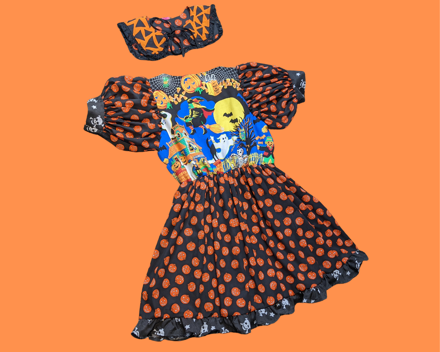 Robe sur le thème d'Halloween recyclée à la main avec col de marin citrouille assorti Taille L/XL