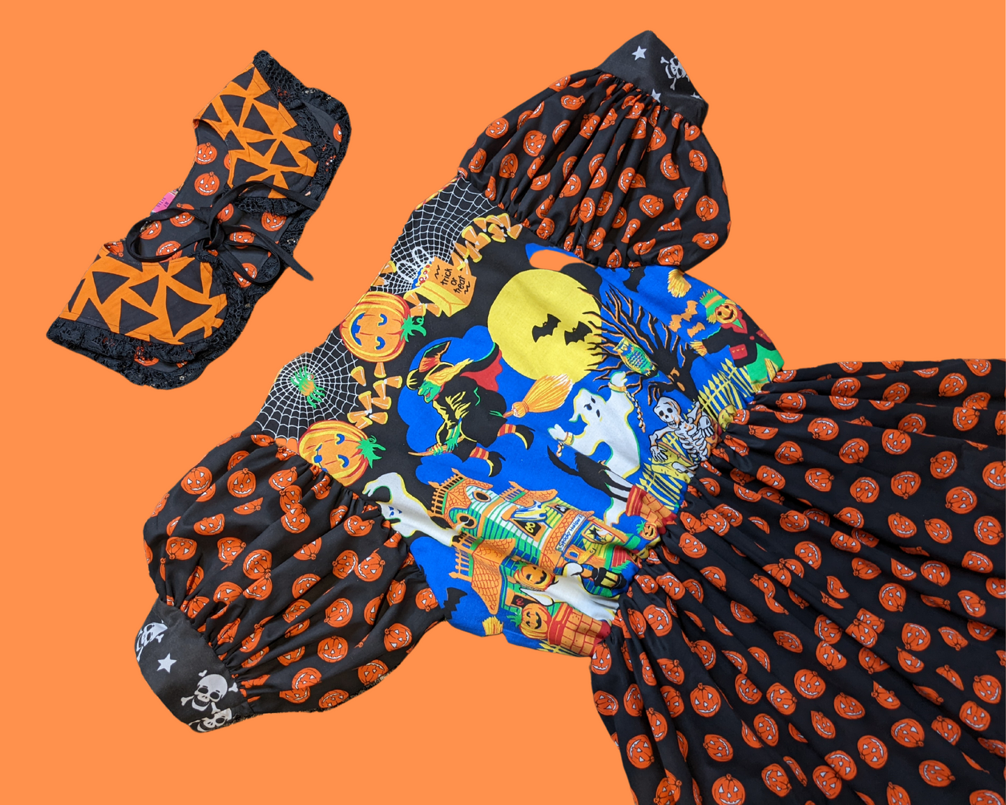 Robe sur le thème d'Halloween recyclée à la main avec col de marin citrouille assorti Taille L/XL